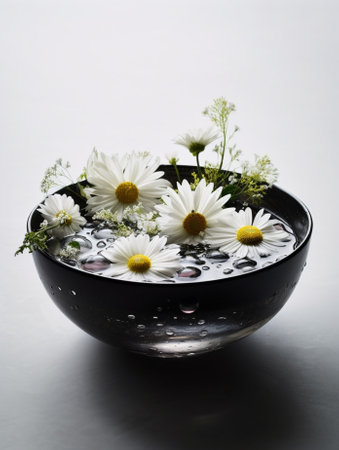 Generative AI : Tibetan bowl made of seven metals with forgetmenot flowers floating on waterの素材