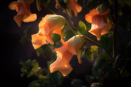 Generative AI : Trumpet vine red flowers close upの素材