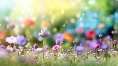 Generative AI : multicolor flowers field background with summertime warm glitterの素材