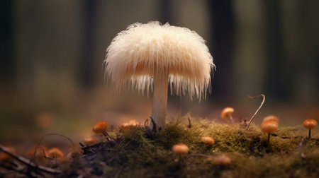 Generative AI : beautiful white mushroom growing on an autumn forestの素材