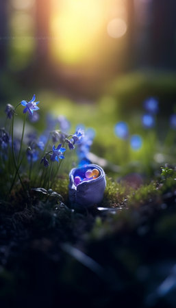 Generative AI : dream forest background glitter bokeh light grass and bluebellの素材
