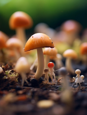 Generative AI : family of little mushrooms on the autumn forest soilの素材