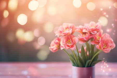 Generative AI : beautiful pink flowers blooming glitter bokeh lights backgroundの素材