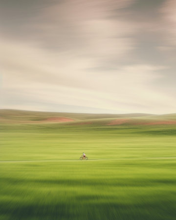 Generative AI : man riding a bike in a green and empty landscapeの素材