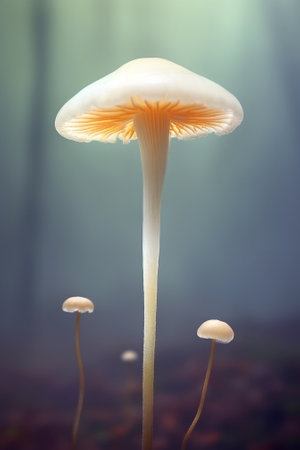 Generative AI : Detail of mycena cinerella small mushroom and blurry forest backの素材