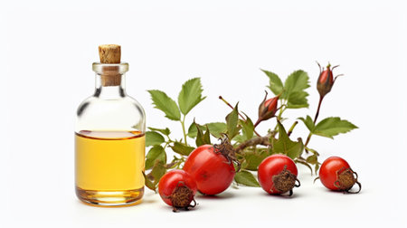 Generative AI : Dog rose Rosa Canina red hips oil extract and natural red fruits on a bowlの素材
