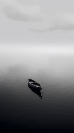 Generative AI : Small boat on quiet water tranquil scene copy spaceの素材