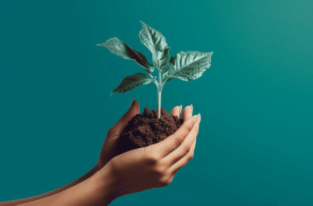 Generative AI : hands holding a small plantの素材