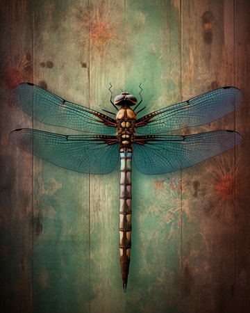 Generative AI : Dragonfly on natural wooden surfaceの素材
