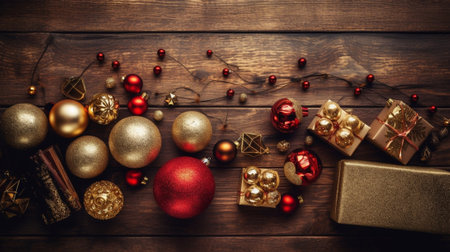 Generative AI : Christmas decorations on wooden tableの素材