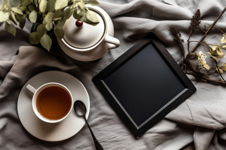 Generative AI : Old black tea pot with brown cup and notebookの素材
