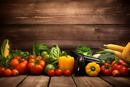 Generative AI : Old brown paper with vegetables on wooden tableの素材