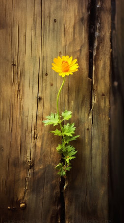 Generative AI : Yellow flower on wood textureの素材