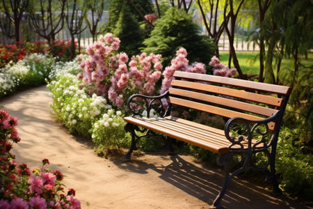 Generative AI : poaceae flower with red rustic bench at out door parkの素材