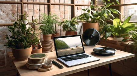 Generative AI : Laptop and plant pot on wooden tableの素材