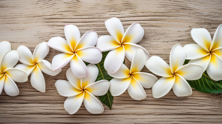 Generative AI : Frangipani flower on wooden tableの素材