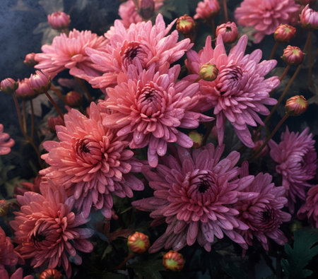 Generative AI : Old Pink chrysanthemum flowers under sunlightの素材