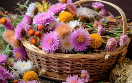 Generative AI : Purple Aster flowers in basket pot on brown wooden tableの素材