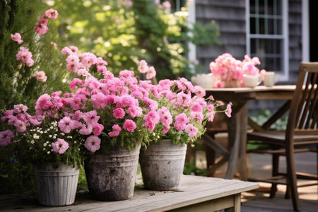 Generative AI : Pink rose and daisy flowers in ceramic basket with notebooks on vintage white metal table outdoorの素材
