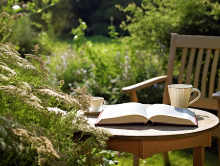 Generative AI : Tea with white book at outdoorの素材
