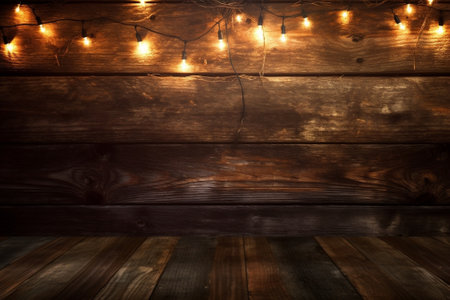 Generative AI : christmas light decorations on wood textureの素材