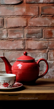 Generative AI : Tea cup and cactus pot and old tea pot on wooden tableの素材