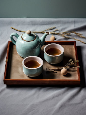 Generative AI : earthenware teapot and small tea cup and Portulacaria afra on wooden trayの素材