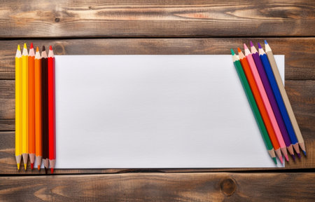 Generative AI : White paper and colorful pens on wooden tableの素材