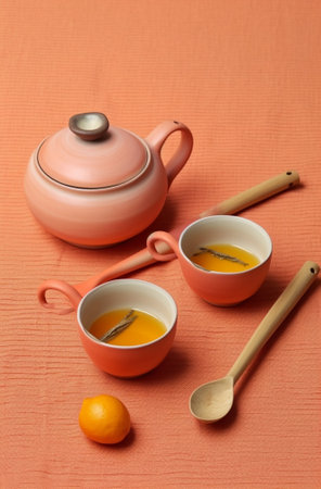 Generative AI : earthenware tea cup and tea potの素材