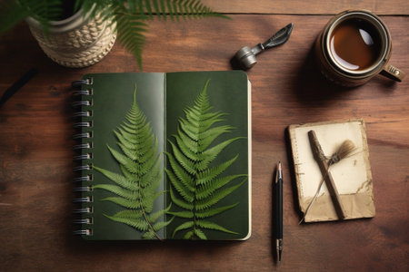 Generative AI : coffee cup with notebook and Dorstenia plant on rustic wooden tableの素材