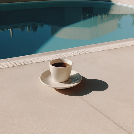 Generative AI : yellow coffee cup on white glass table outdoorの素材