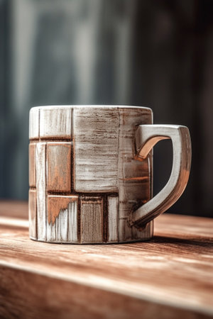 Generative AI : vintage old grey clay cup on brown wooden tableの素材