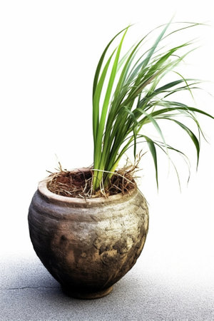 Generative AI : A cup of Lemongrass and Pandanus leaf herb with dry flower in clay potの素材