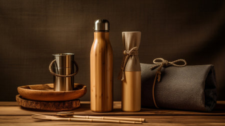 Generative AI : Brown bamboo bottle on isolated backgroundの素材