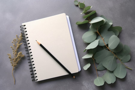 Generative AI : Notebooks and pencil with small cute green plants nature lifestyleの素材