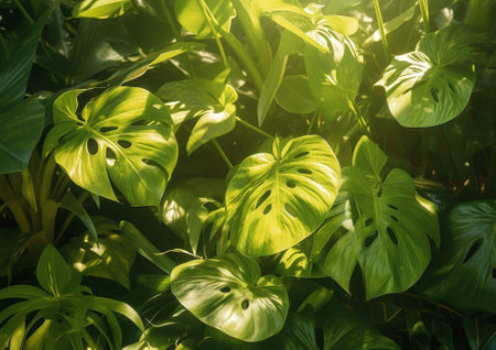 Generative AI : Golden Pothos leaves closeup under sunlightの素材