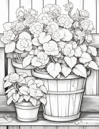 Generative AI : Begonia plant pot on wooden table with flowers backgroundの素材