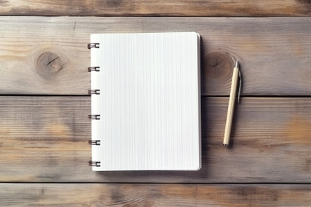 Generative AI : Notebook on wooden tableの素材