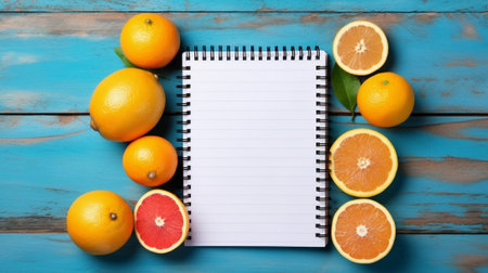 Generative AI : Orange and notebook diary on wooden tableの素材