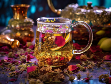 Generative AI : forget me not flower tea with old style tea infuserの素材