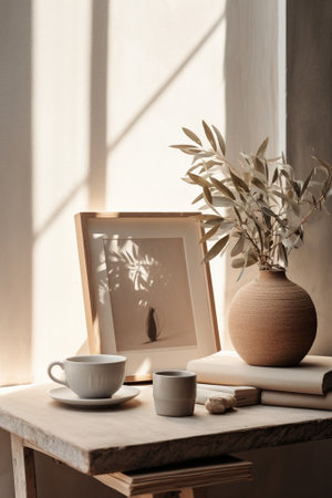 Generative AI : Vintage clay cup with pot and book and plant pot on white tableの素材