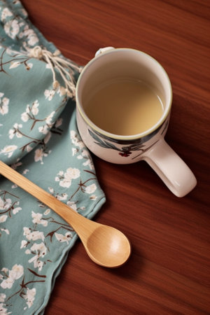Generative AI : Tea cup with wooden spoon on blue wooden tableの素材