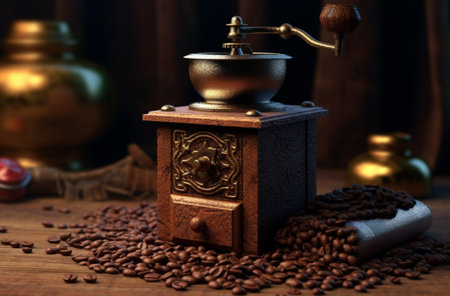 Generative AI : Wooden coffee cup and coffee grinderの素材
