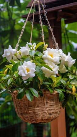 Generative AI : white flower in wicker basketsの素材