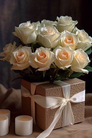 Generative AI : gift box on wood table and old roseの素材