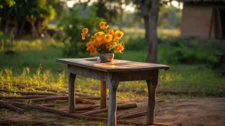 Generative AI : Yellow and Pink Chrysanthemum flowers and thick book on wooden table at outdoorの素材