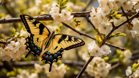 Generative AI : Yellow Butterfly pollinating Bush flower treeの素材