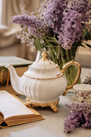 Generative AI : white vintage teapot with a cup of glass tea and notebooksの素材