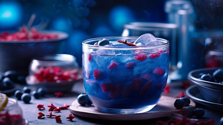 Generative AI : Butterfly pea Blue pea juice with notebook on wooden tableの素材