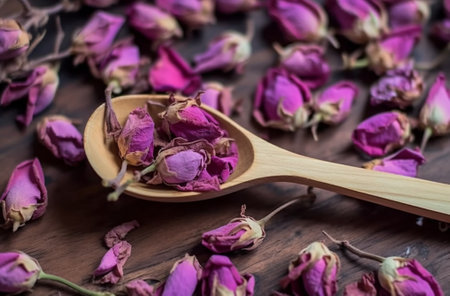 Generative AI : Dried rose on wooden tableの素材